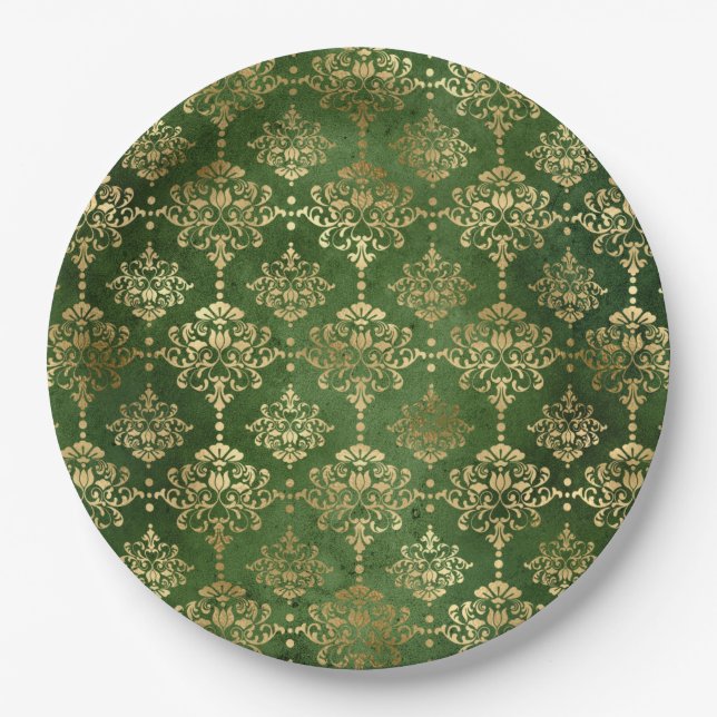 Glam Green Gold Pattern Christmas Paper Plates (Front)