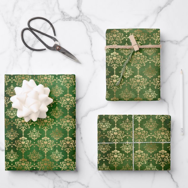 Glam Green Gold Pattern Christmas Wrapping Paper Sheets (Front)