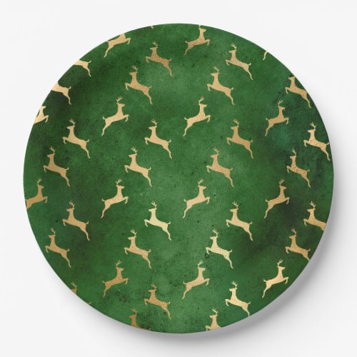 Glam Green Gold Reindeer Christmas Paper Plates