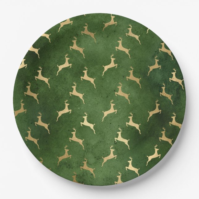 Glam Green Gold Reindeer Christmas Paper Plates (Front)