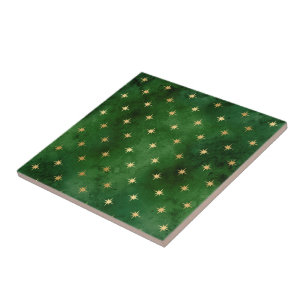 Glam Green Gold Stars Christmas Ceramic Tile
