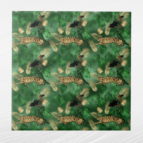 Glam Green Gold Tiger Lady Ceramic Tile