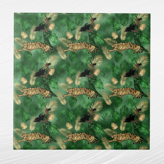 Glam Green Gold Tiger Lady Ceramic Tile (Creator Uploaded)