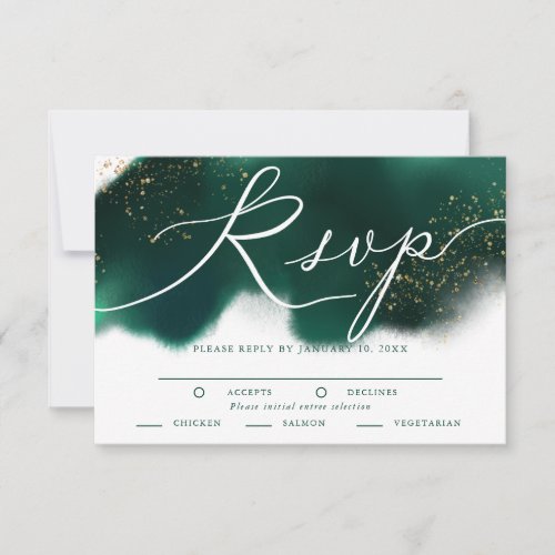 Glam Green Gold Wedding RSVP with Meal Choice
