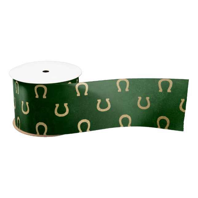 Glam Green Golden Horseshoe Graphic Satin Ribbon (Spool)