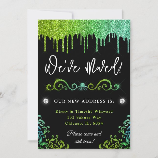 Glam Green & Light Blue Gradient Glitter New Home Announcement (Front)
