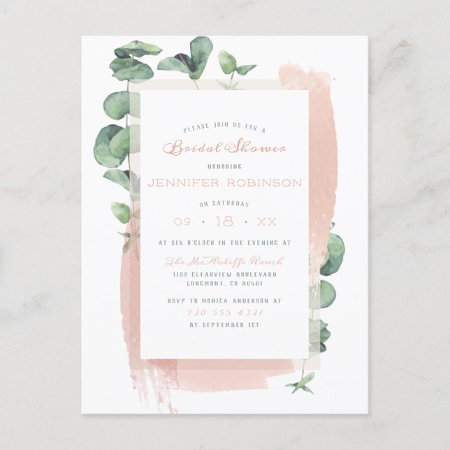 Glam Green Painted Sprigs Botanical Bridal Shower Invitation Postcard (Front)