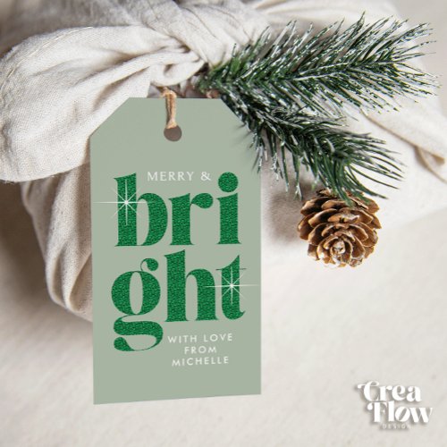 Glam Green Sequin Merry and Bright Christmas Gift Tags