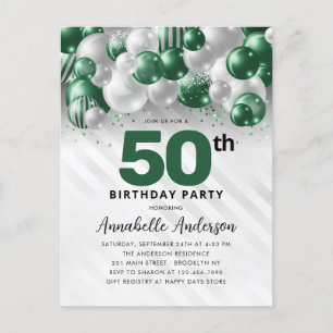 Glam Green Silver Balloon Glitter 50th Birthday Postcard
