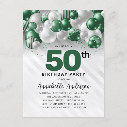 Glam Green Silver Balloon Glitter 50th Birthday  Postcard