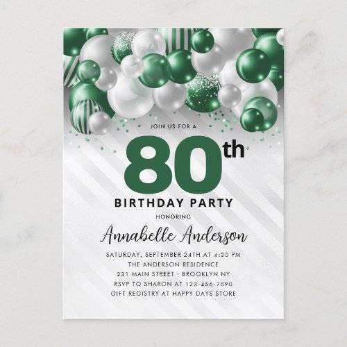 Glam Green Silver Balloon Glitter 80th Birthday  Postcard