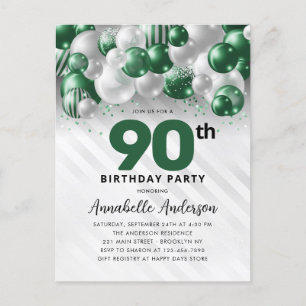 Glam Green Silver Balloon Glitter 90th Birthday Postcard