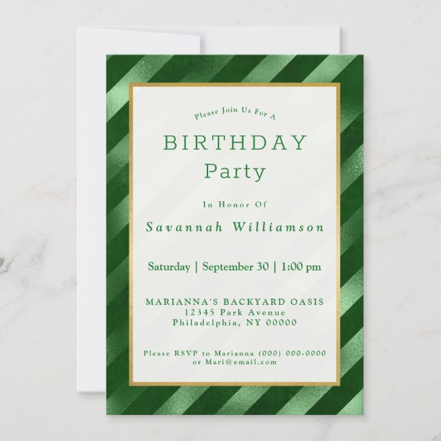 Glam Green Stripe Pattern Birthday Invitation (Front)