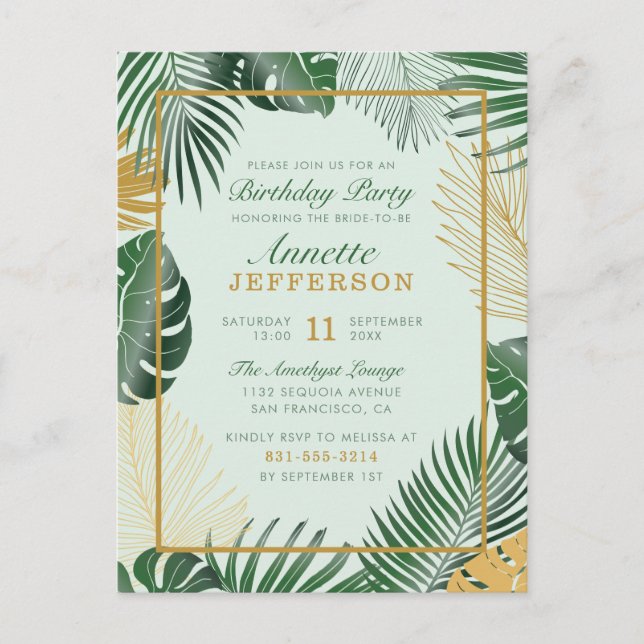 Glam Green Tropical Leaves Modern Birthday Party Invitation Postcard (Front)
