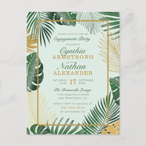 Glam Green Tropical Leaves Modern Engagement Party Invitation Postcard