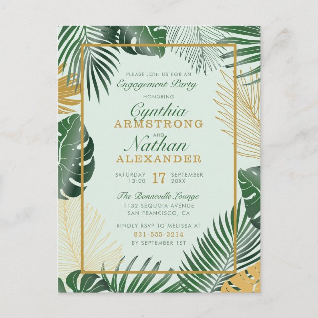 Glam Green Tropical Leaves Modern Engagement Party Invitation Postcard (Front)