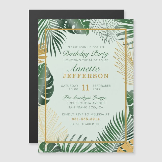 Glam Green Tropical Leaves Trendy Birthday Party Magnetic Invitation (Front/Back)