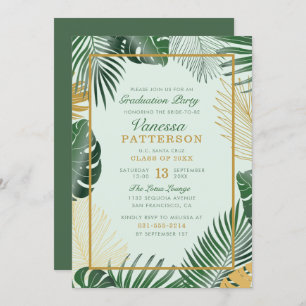Glam Green Tropical Leaves Trendy Graduation Invitation