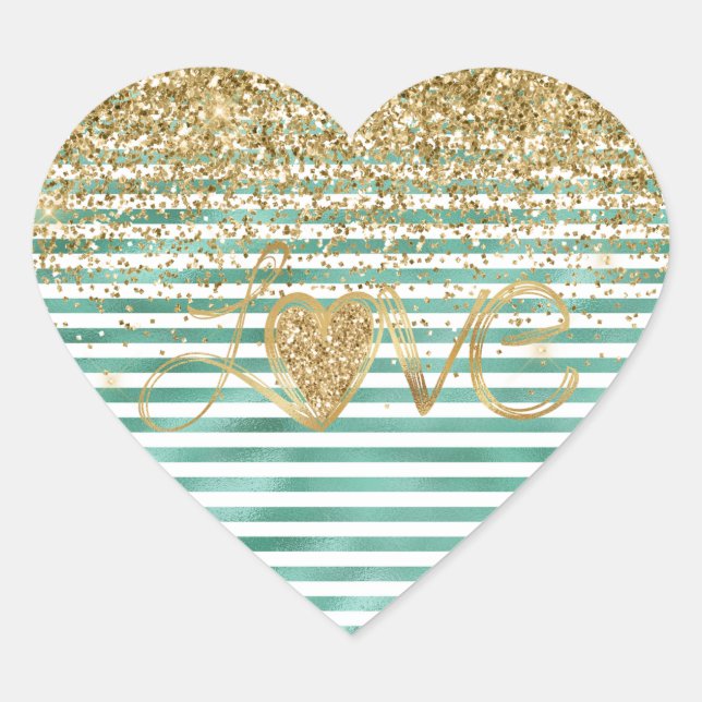 Glam Green White Stripes Gold Glitter Heart Love Heart Sticker (Front)
