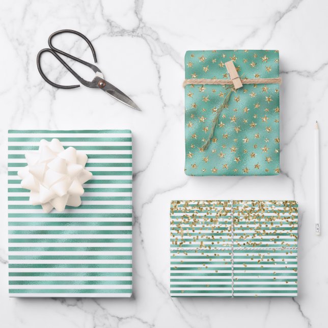 Glam Green White Stripes Gold Glitter Wrapping Paper Sheets (Front)