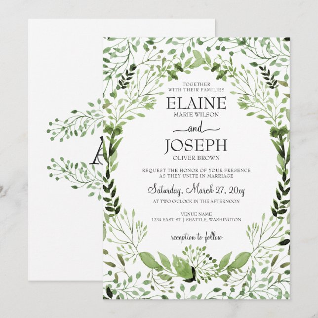 Glam Greenery wedding invitations (Front/Back)