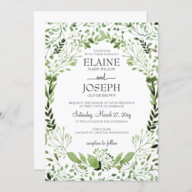 Glam Greenery wedding invitations (Front/Back)