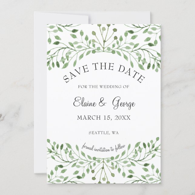 Glam Greenery wedding save the date cards (Front)