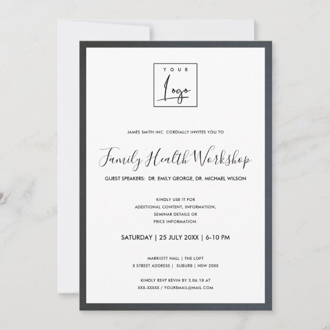 GLAM GREY BLUE SILK YOUR LOGO WORKSHOP GALA EVENT INVITATION (Front)