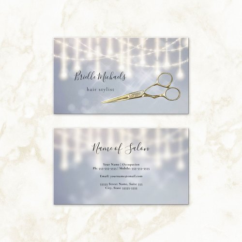 Glam Hairstylist Gold Shears Silver Twinkle Bokeh Business Card