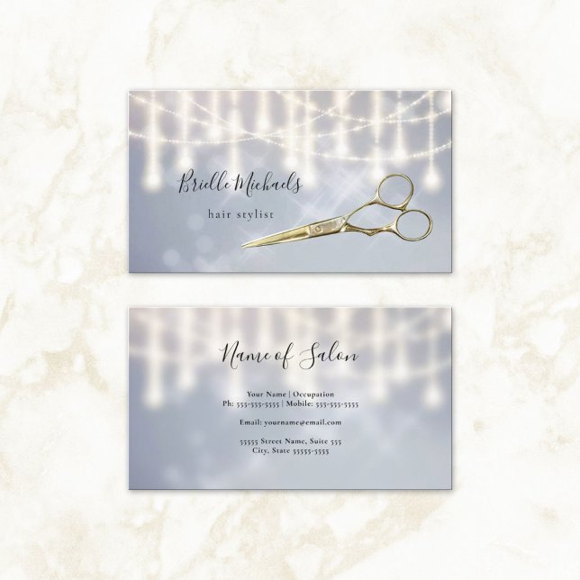 Glam Hairstylist Gold Shears Silver Twinkle Bokeh Business Card (Glam Hairstylist Gold Shears Silver Twinkle Bokeh Business Cards)