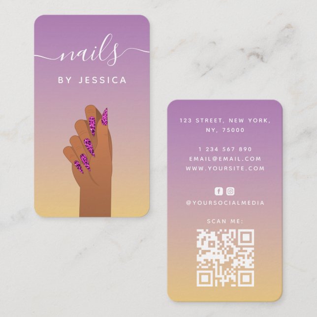 Glam Hand Leopard Nail Print Qr Code Social Media Business Card (Front/Back)