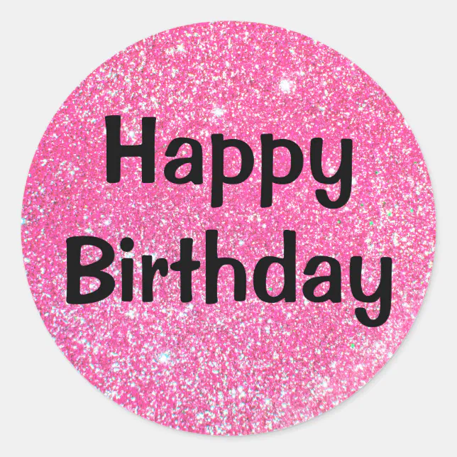 Glam Happy Birthday Black Hot Pink Glitter Sparkle Classic Round Sticker