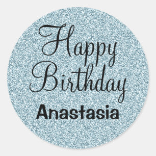 Glam Happy Birthday Blue Silver Glitter Sparkles Classic Round Sticker