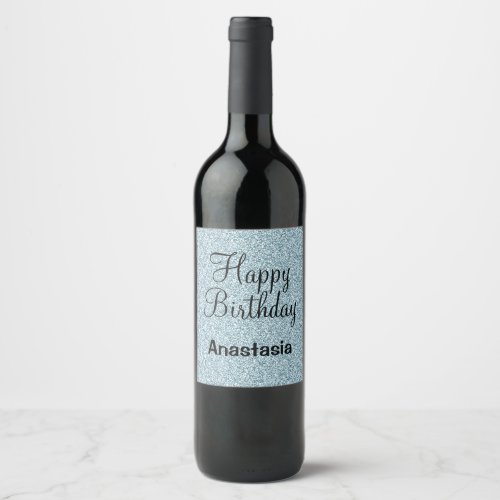 Glam Happy Birthday Blue Silver Glitter Sparkles Wine Label