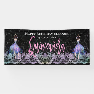 Glam Happy Birthday Dancers Quinceanera Pink Black Banner