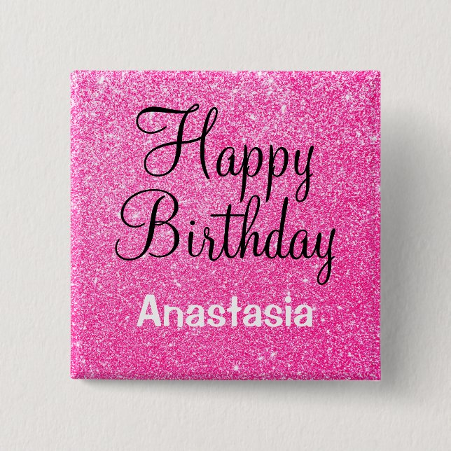 Glam Happy Birthday Hot Pink Glitter Sparkle Name Button (Front)