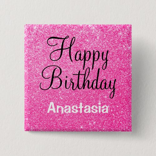 Glam Happy Birthday Hot Pink Glitter Sparkle Name Button