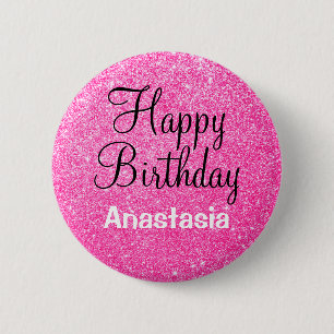 Glam Happy Birthday Hot Pink Glitter Sparkle Name Button