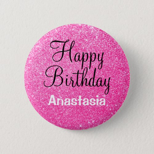 Glam Happy Birthday Hot Pink Glitter Sparkle Name Button