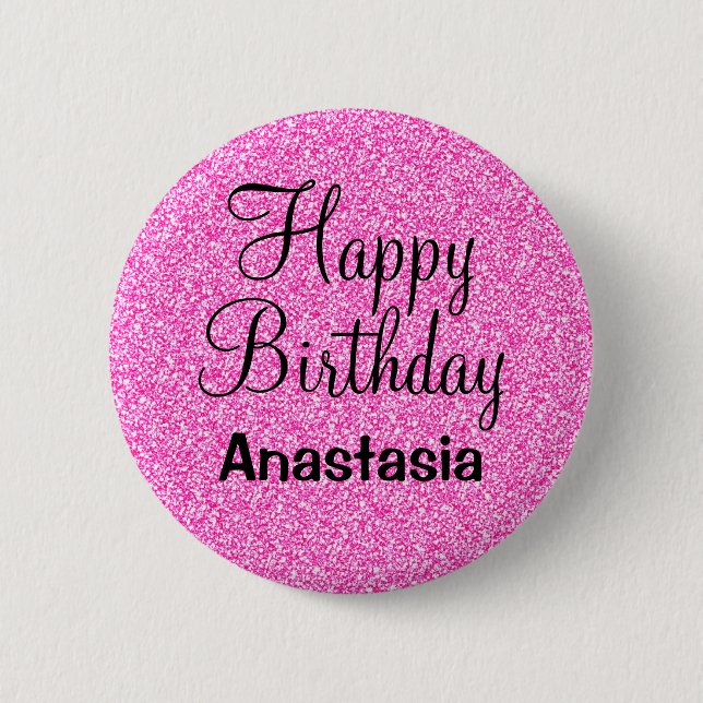 Glam Happy Birthday Hot Pink Glitter Sparkle Name Button (Front)