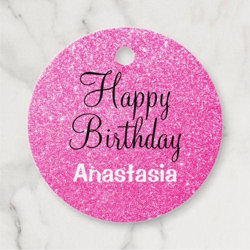 Glam Happy Birthday Hot Pink Glitter Sparkle Name Favor Tags