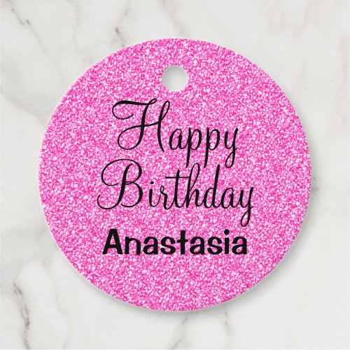 Glam Happy Birthday Hot Pink Glitter Sparkle Name Favor Tags