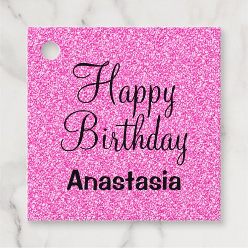 Glam Happy Birthday Hot Pink Glitter Sparkle Name Favor Tags