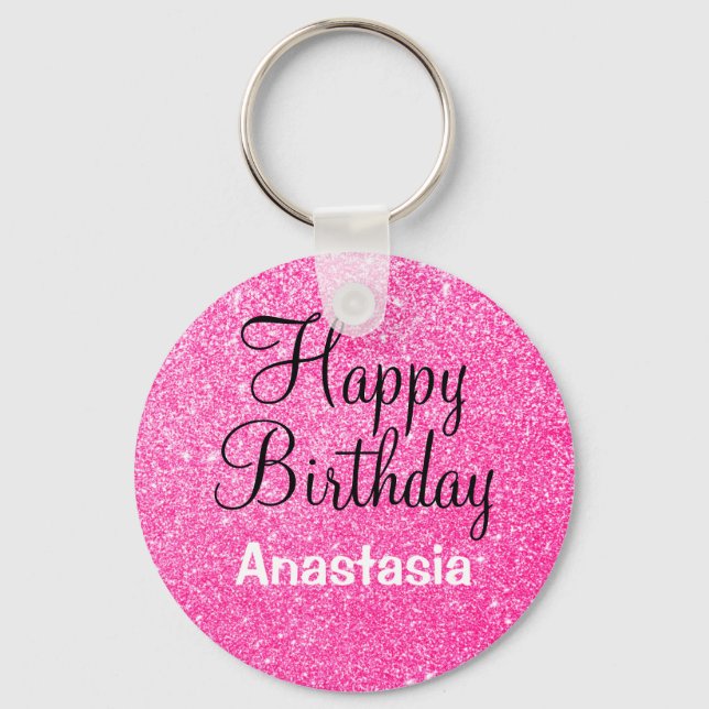 Glam Happy Birthday Hot Pink Glitter Sparkle Name Keychain (Front)