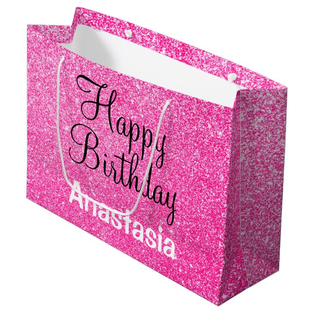 Glam Happy Birthday Hot Pink Glitter Sparkle Name Large Gift Bag (Front Angled)