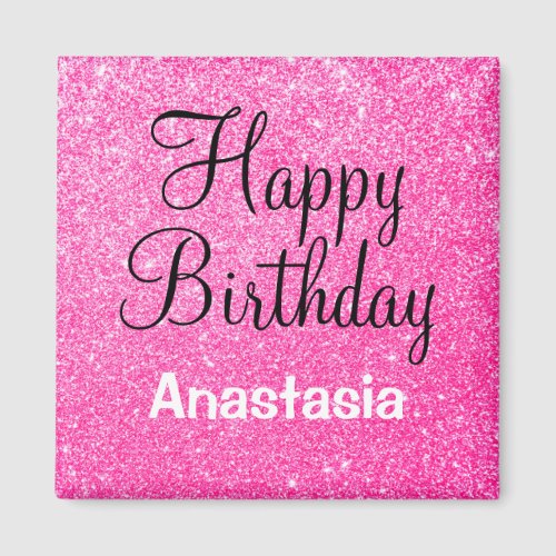 Glam Happy Birthday Hot Pink Glitter Sparkle Name Magnet