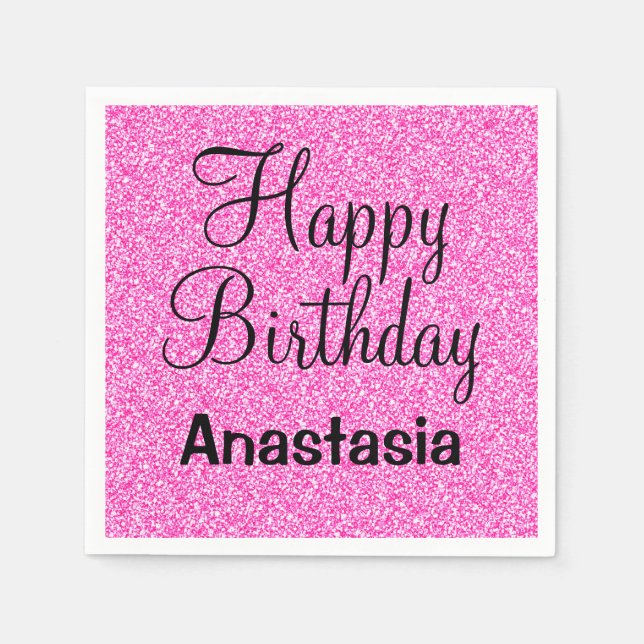 Glam Happy Birthday Hot Pink Glitter Sparkle Name Napkins (Front)