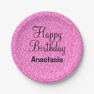 Glam Happy Birthday Hot Pink Glitter Sparkle Name Paper Plates
