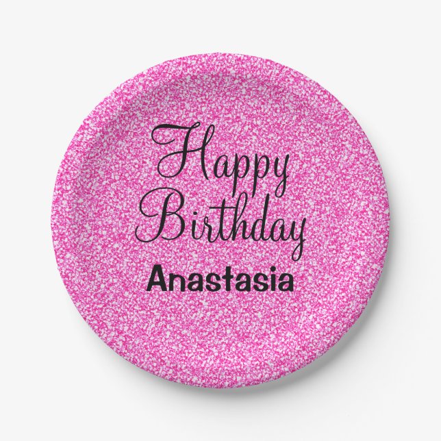 Glam Happy Birthday Hot Pink Glitter Sparkle Name Paper Plates (Front)