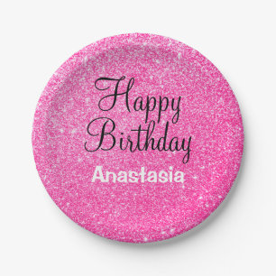 Glam Happy Birthday Hot Pink Glitter Sparkle Name Paper Plates